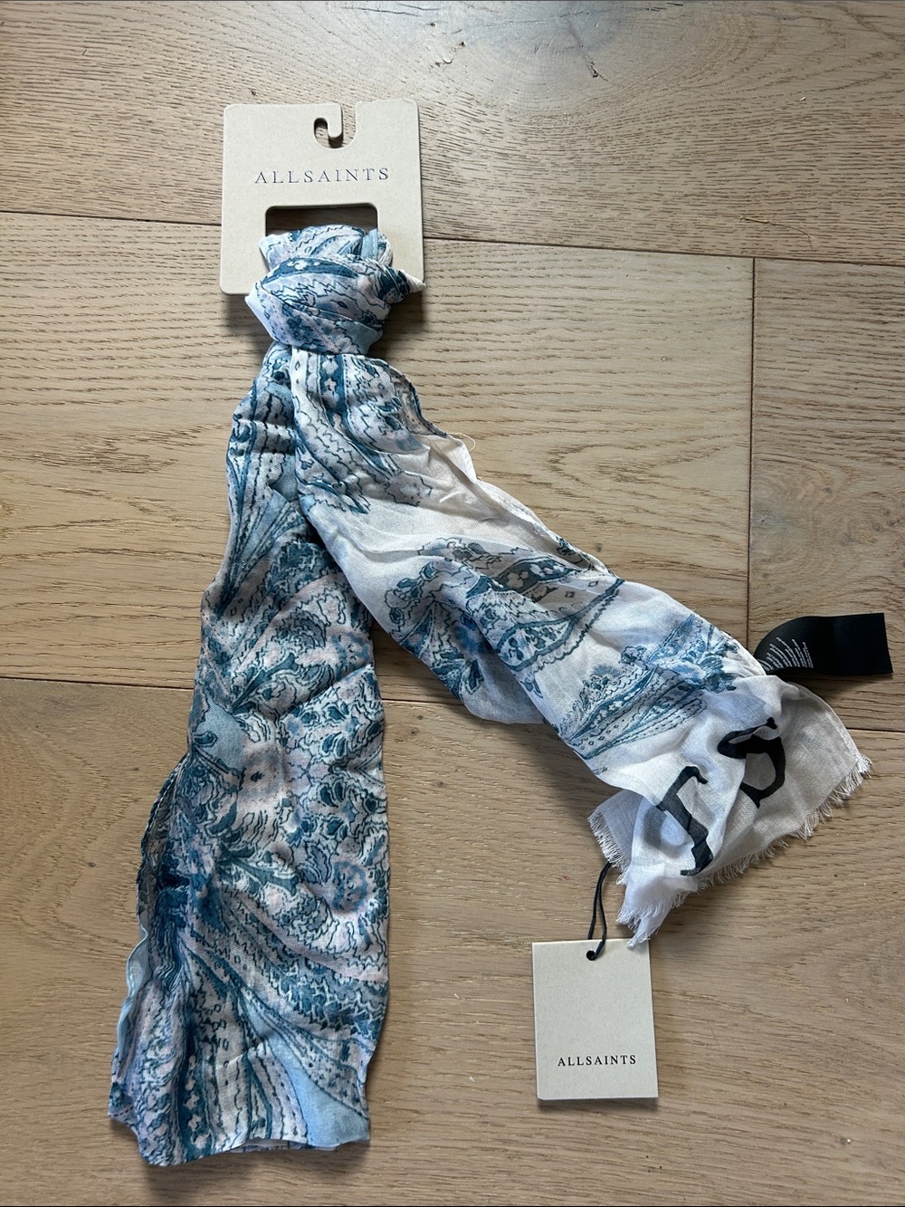 AllSaints Blue and White Printed Lightweight Scarf